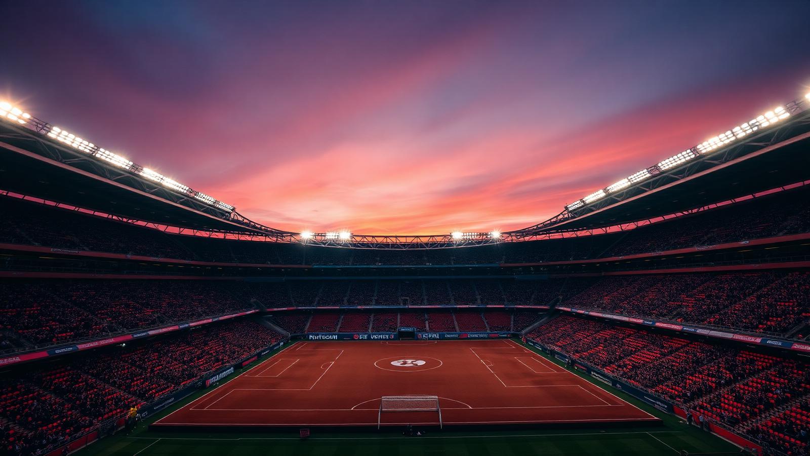 Empty stadium bowl lit by floodlights