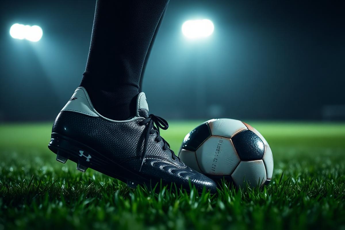 Football boot resting beside a ball on floodlit grass